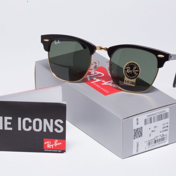 Ray-Ban RB3016-W365 Clubmaster  Black Frame Green Lenses 51mm Unisex Italy Made - Picture 12 of 12